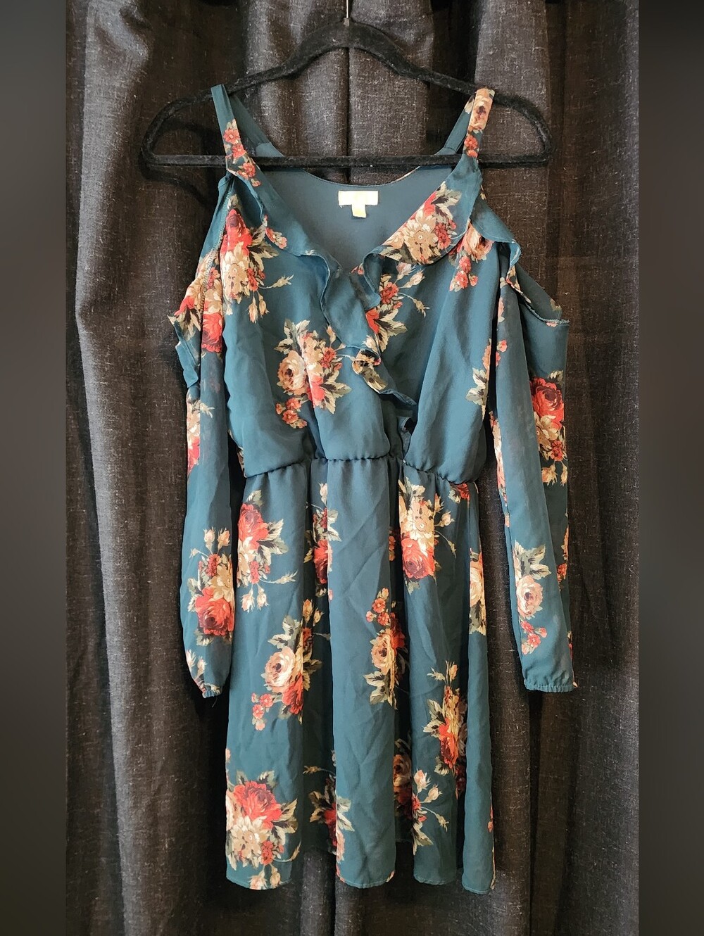 C. Wonder Teal Floral Off Shoulder Long Sleeve Mini Dress Size S